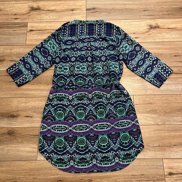 Anthropologie Maeve Frequencies Ikat Shirt Dress Size Small Roll Tab 3/4 Sleeve - Picture 9 of 11